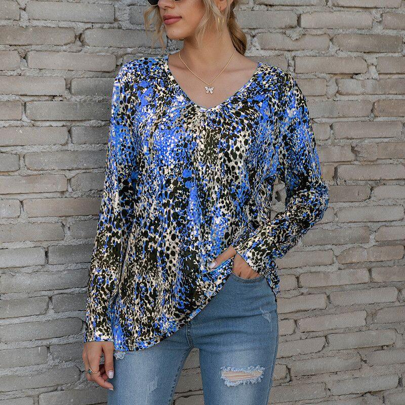 Ladies V-Neck Pleated Print Plus Size T-Shirt Top - WOMONA.COM