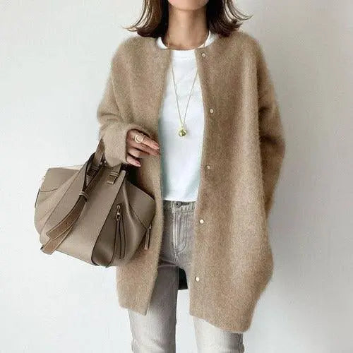 Light brown knit jacket, button-front cardigan with long sleeves and textured knit.