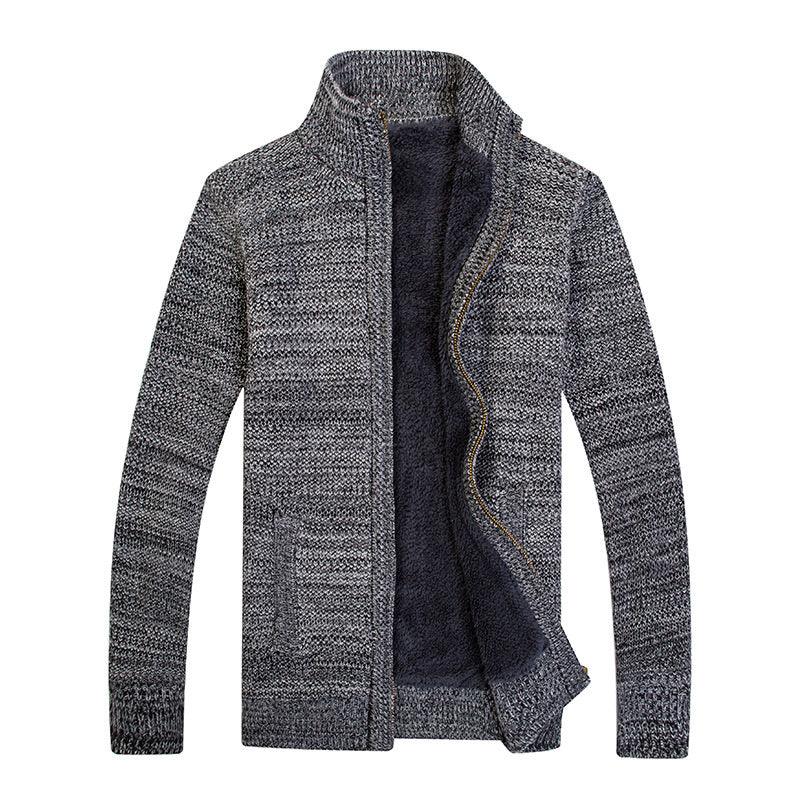 Heathered grey knit cardigan with shawl collar, dark inner trim, open front
