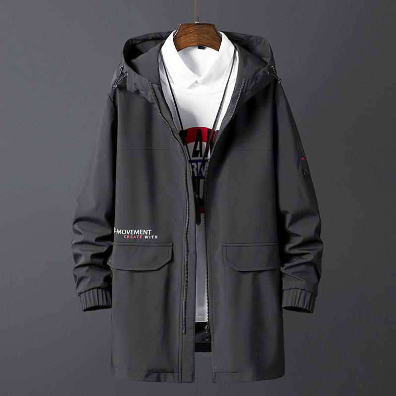Men's casual trench coat, black hooded zip front with standing collar