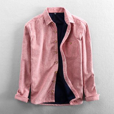 Pink striped button-up casual shirt with pointed collar and long sleeves, button front