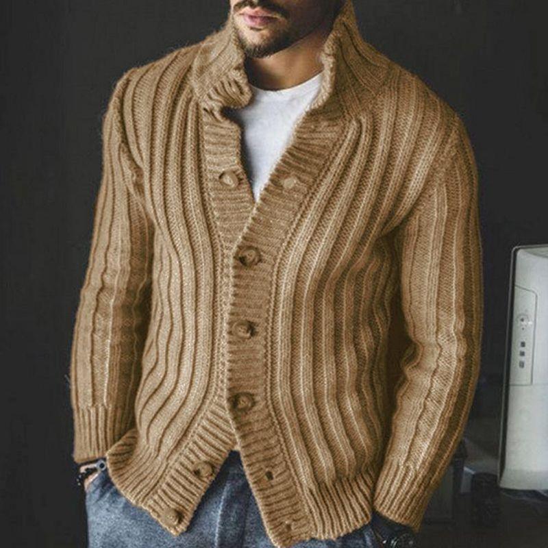 Men's ribbed knit button-front sweater, khaki brown, V-neck shawl collar
