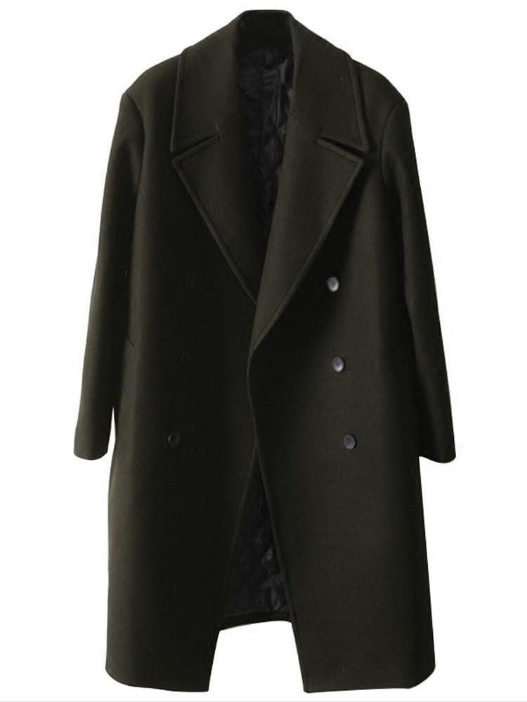 Men's mid-length trench coat in dark olive, front view with notched lapels and double buttons