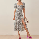 Slim Print Square Neck Slit Dress - WOMONA.COM