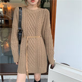 Belt Long-sleeved Mid-length Sweater - WOMONA.COM