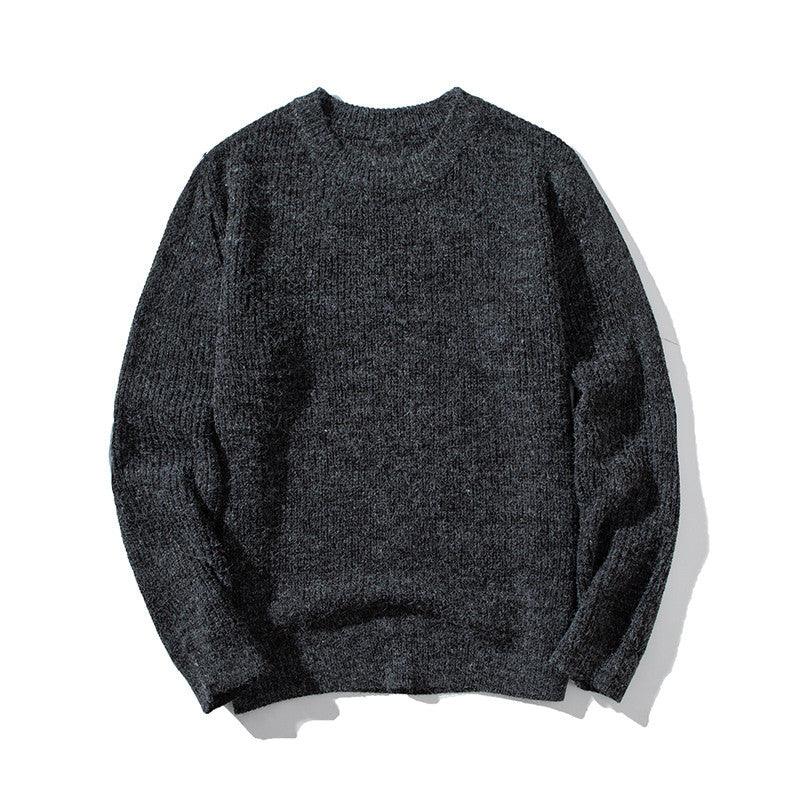 Dark gray round-neck knit sweater with ribbed collar, cuffs, and hem