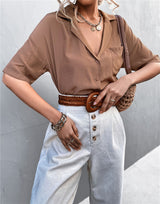 Vintage Suit Collar Short-sleeved Shirt - WOMONA.COM