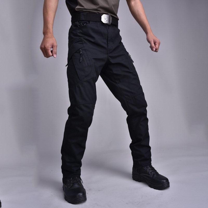 Men's tactical cargo pants, black, with zip fly, belt loops, and side utility pockets