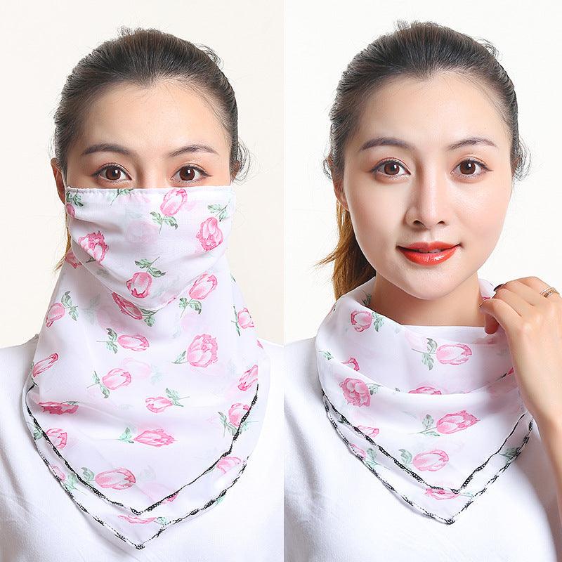 White floral bib scarf with pink rose print and matching face covering