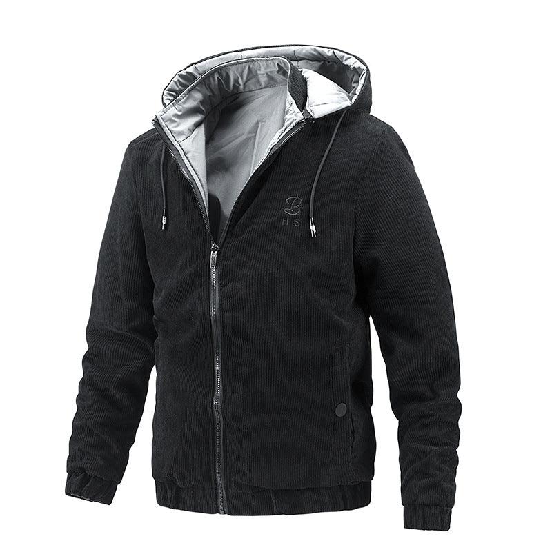 Black corduroy hooded jacket with full zip, gray inner hood, and ribbed cuffs