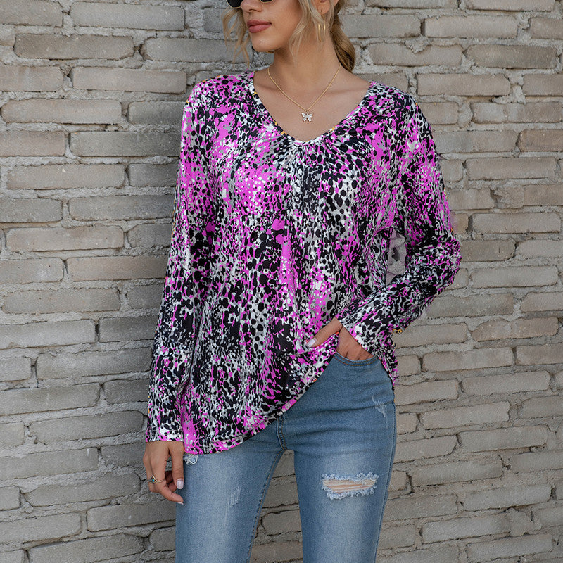 Ladies V-Neck Pleated Print Plus Size T-Shirt Top - WOMONA.COM