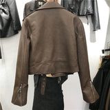 Short Lace-up Pu Leather Jacket - WOMONA.COM