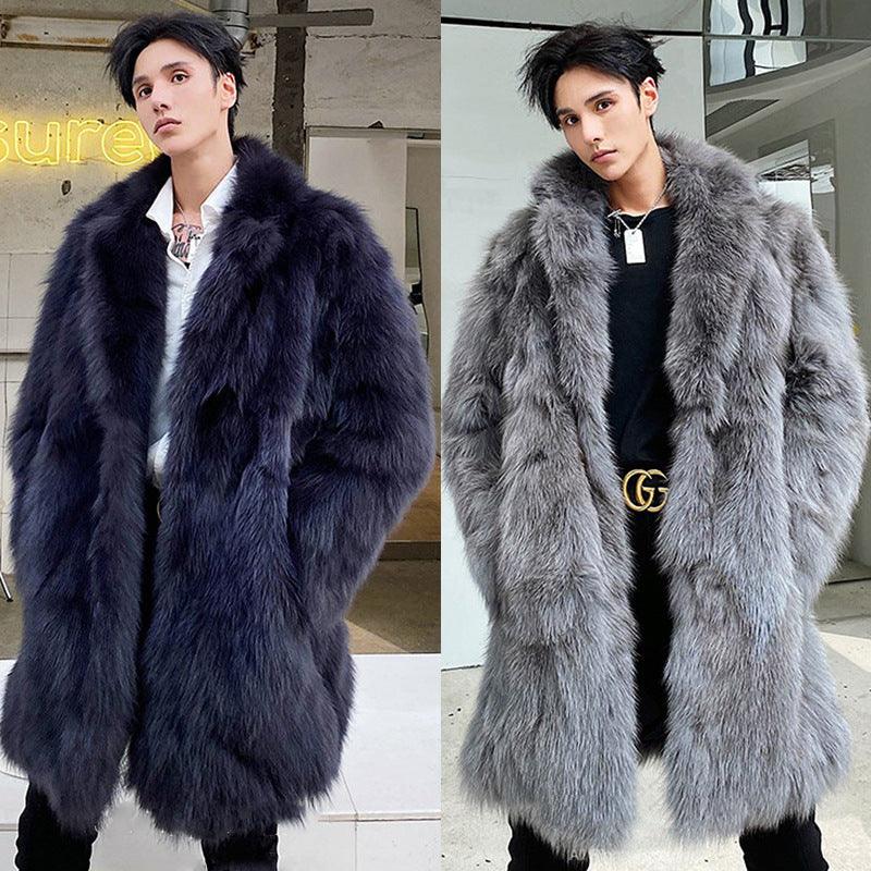 Men's dark blue fur trench coat with open front and wide collar