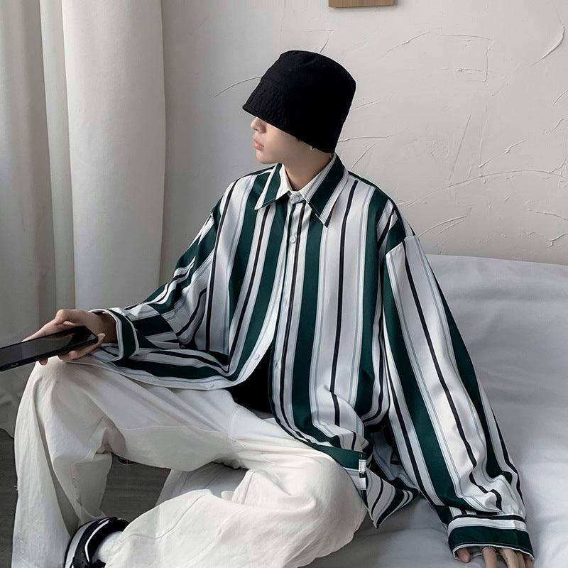 Men's retro striped shirt with vertical green and dark blue stripes, button-front, long sleeves