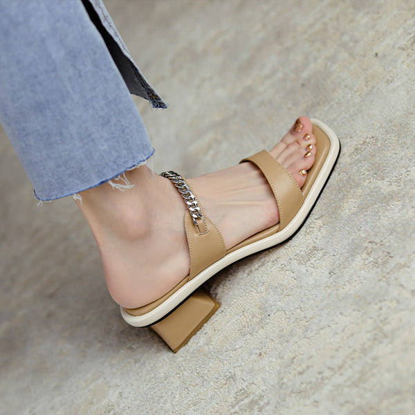 Leather One-word Sandals And Slippers - WOMONA.COM