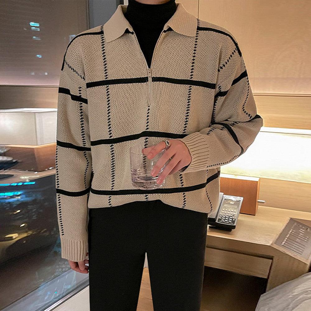 Men’s knit polo shirt in khaki with black check stripes and button placket