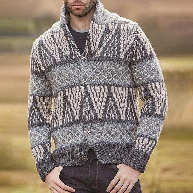 Men's grey geometric jacquard knit cardigan with V-neck button front and ribbed cuffs