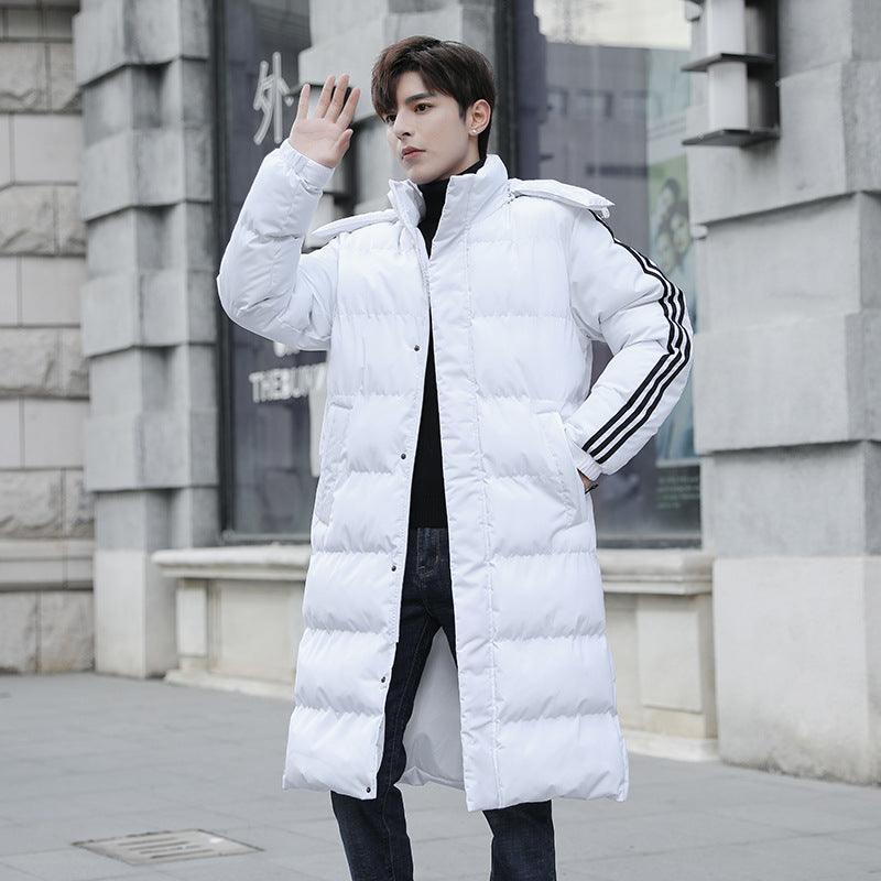 White knee-length padded puffer coat with hood, striped sleeve detail, front button closure.