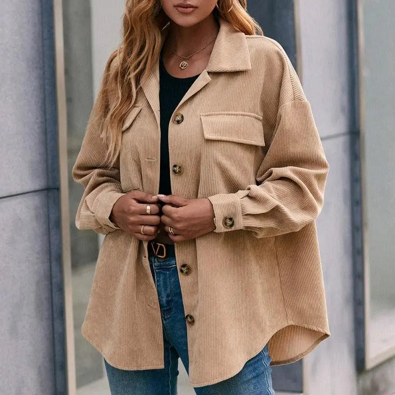Khaki long-sleeve button-front shirt jacket with pointed collar and chest pockets