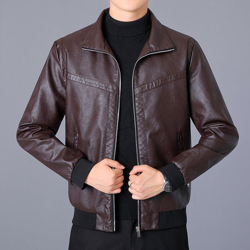 Men's brown leather jacket with zip-front and stand collar, two chest pockets, ribbed cuffs