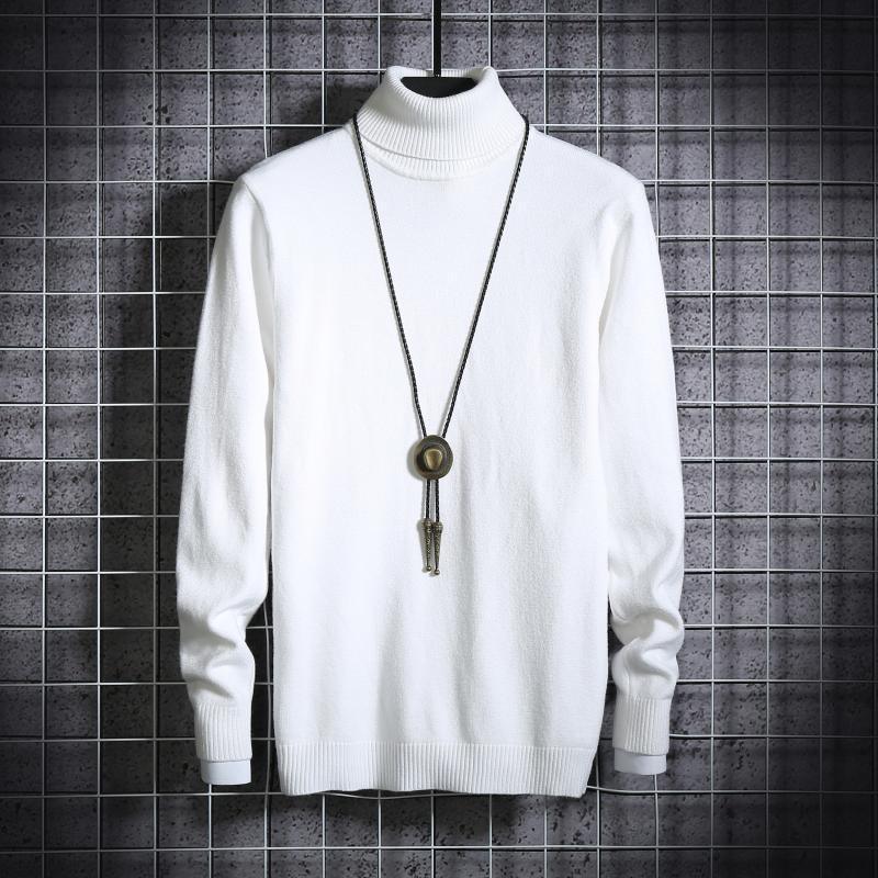 Men's turtleneck sweater in white knit with long sleeves, ribbed cuffs, and hem.