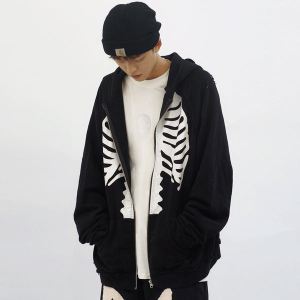 Skeleton Print Cardigan Hooded Men - WOMONA.COM