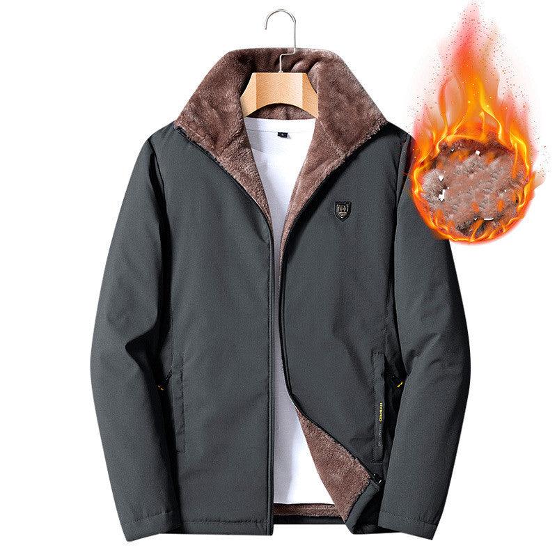 Black oversized stand-collar jacket with brown shearling trim and zip front