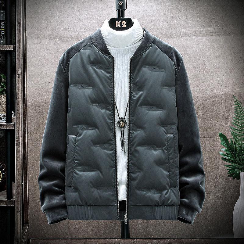 Men's casual down jacket, dark gray, stand collar, full-zip front, quilted puffer style.