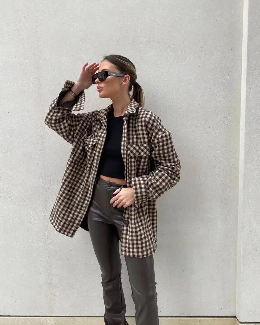 Coffee plaid shirt jacket with front button placket and chest pockets
