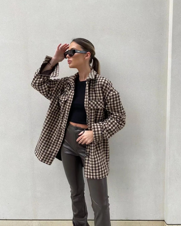 Coffee Color Plaid Length Shirt Jacket - WOMONA.COM