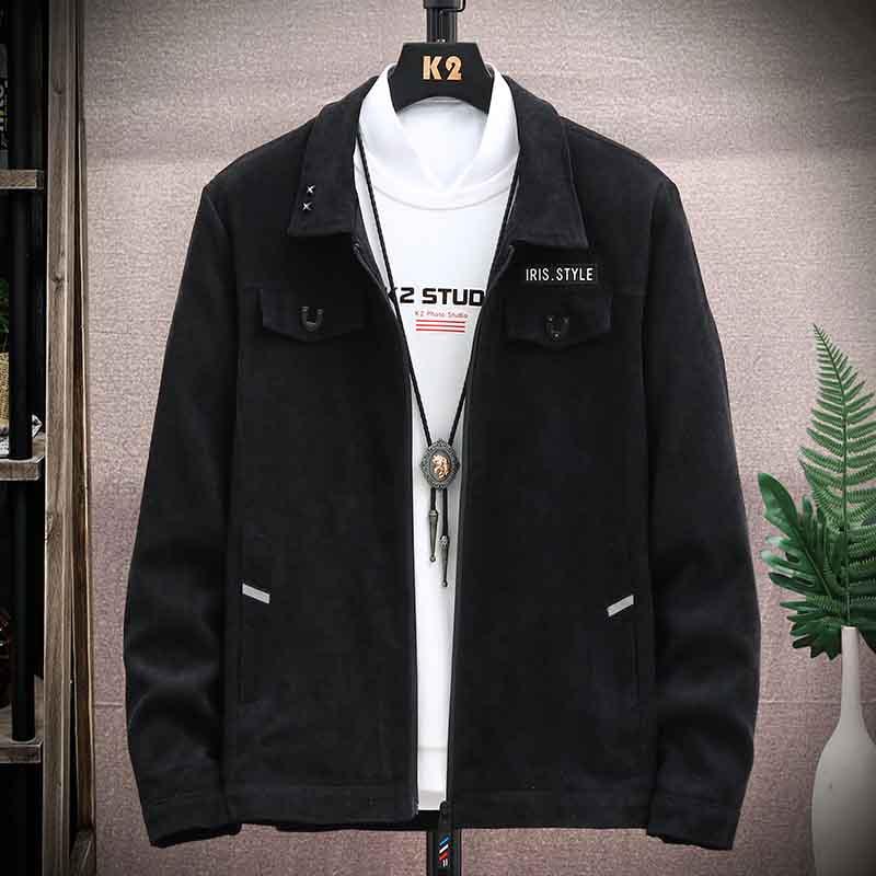 Hong Kong style jacket in black with snap chest pockets and zipper front
