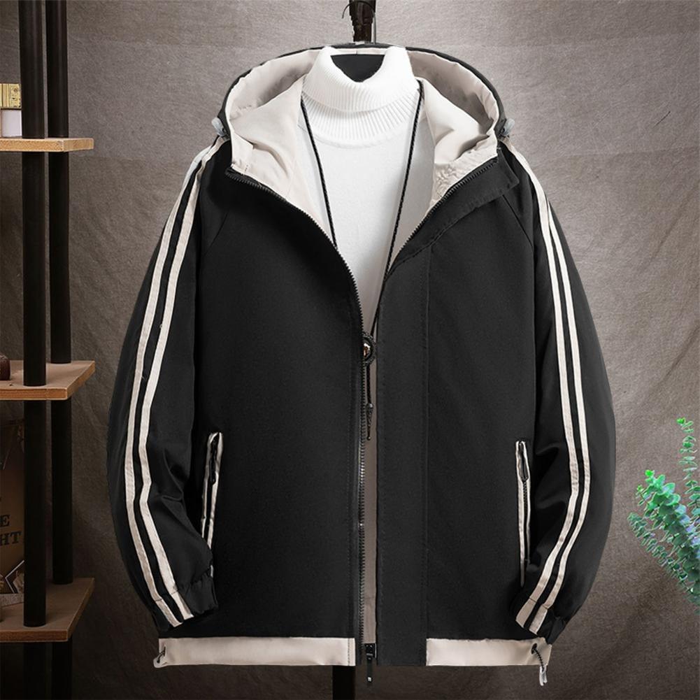 Black hooded zip-up jacket with two white side stripe bands and ribbed cuffs