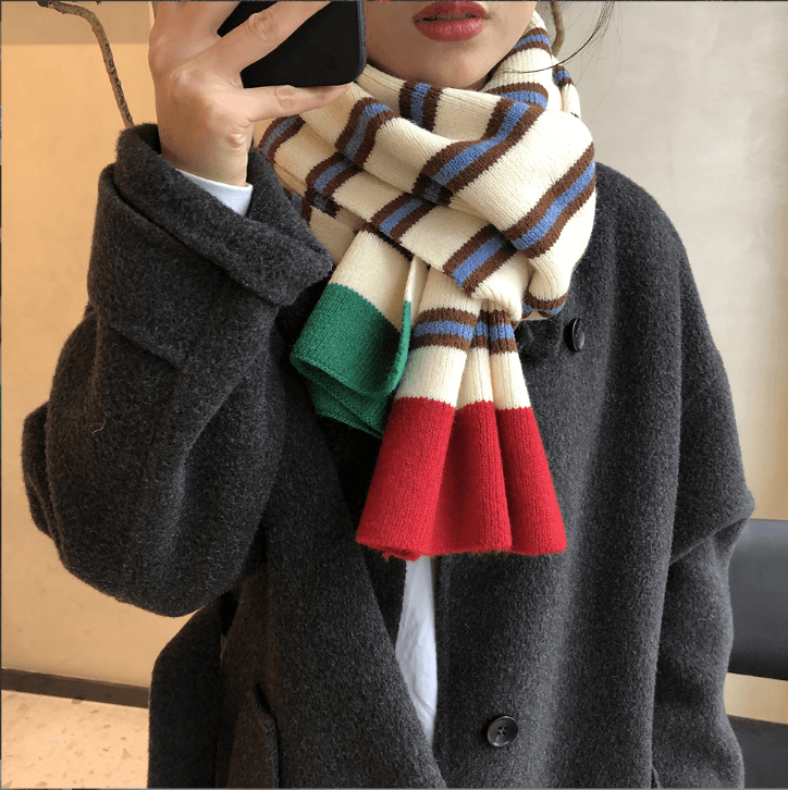 Knitted wool scarf in cream with multicolor vertical stripes and fringed ends