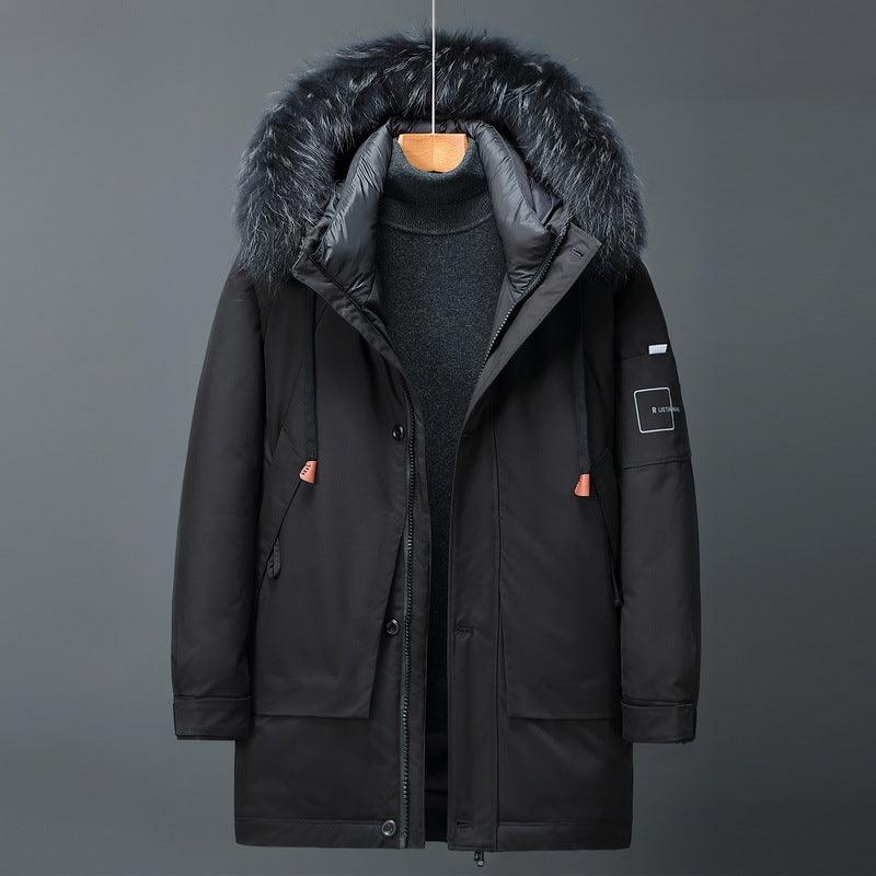 Men's mid-length parka with faux-fur hood, zip front, black outer shell and utility pockets
