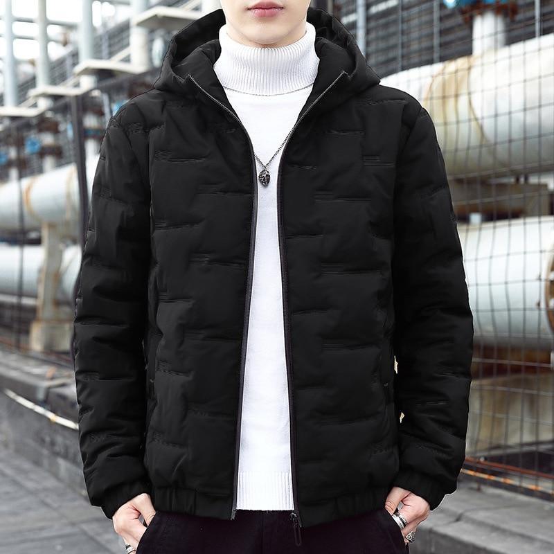 Black winter cotton-padded casual coat with zip-front and stand collar