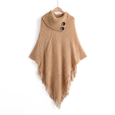 Lapel two buckle tassel cloak sweater - WOMONA.COM