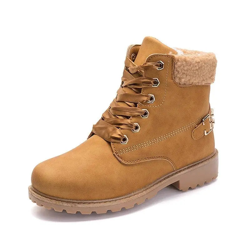 Tan lace-up snow boots with shearling-style collar and side buckle detail, grippy outsole
