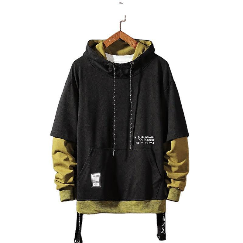 Boys' hooded sweater coat in black with yellow hood lining, drawstring, and front pocket