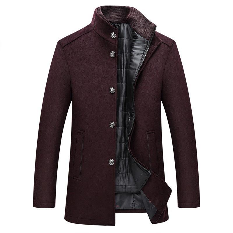 Men's long wine red coat with button front, stand collar, and quilted inner lining