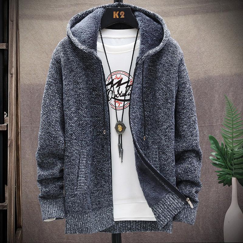 Men's fleece sweater coat with hood and zip front, heather grey exterior and dark hood lining
