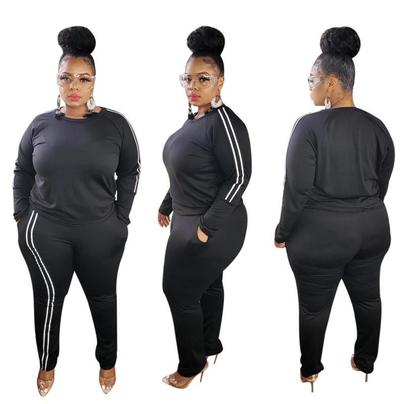 Plus Size Women Side Stripe Two Piece Set - WOMONA.COM