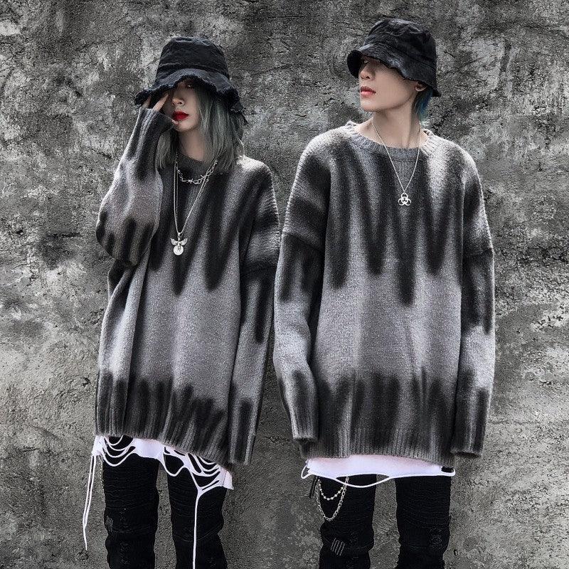 Heather gray long-sleeve knit sweater, crew neck, ribbed cuffs and hem