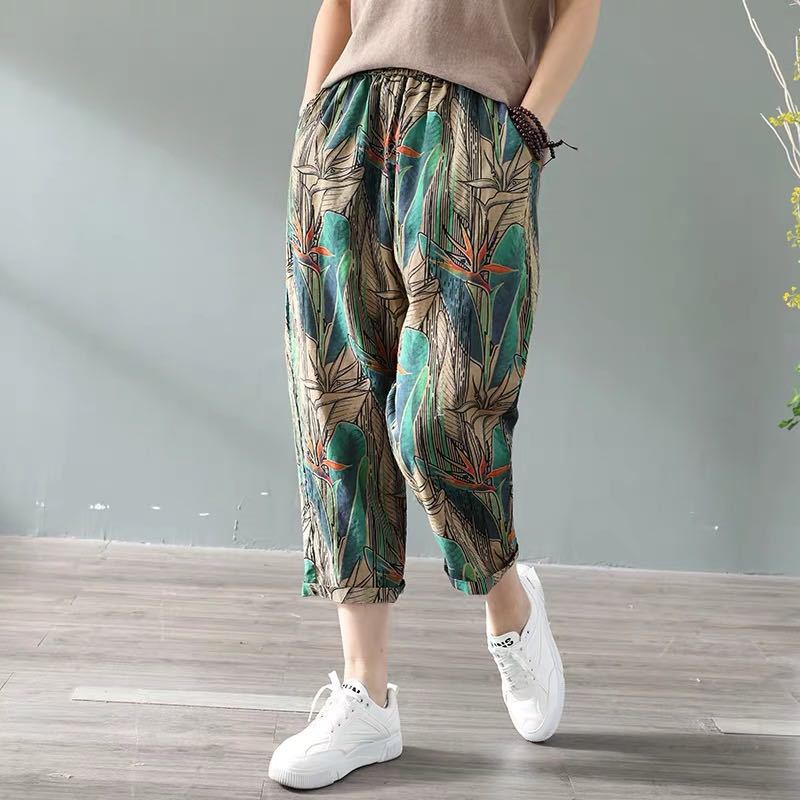 Printed Cotton Linen Pants Women's - WOMONA.COM