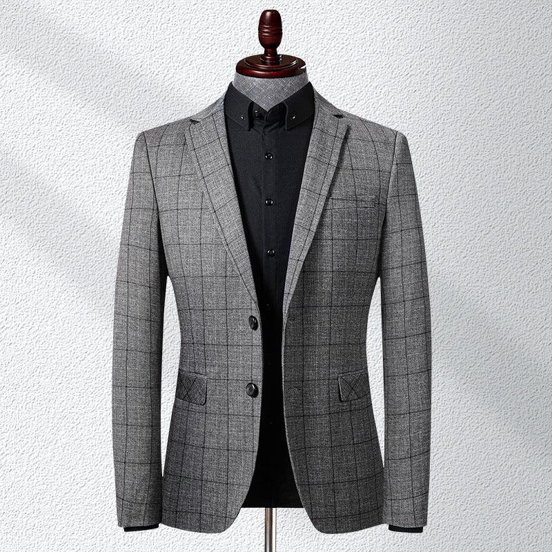 Men's light gray windowpane single-breasted blazer with notch lapels and black button placket