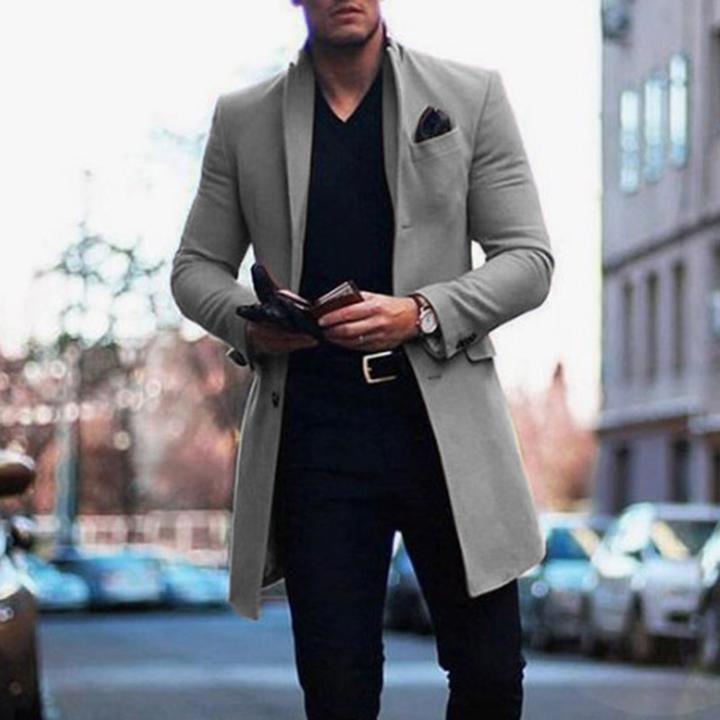 Men's mid-length double-breasted wool coat, light grey with notch lapels and flap pockets.