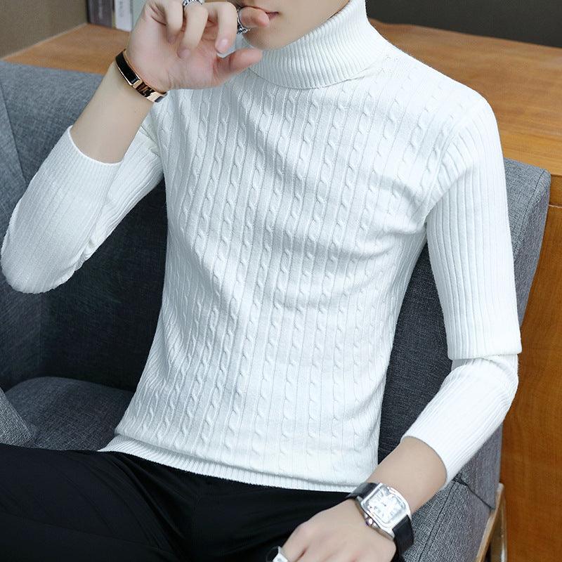 Men's slim-fit cable knit turtleneck sweater, white, long sleeves