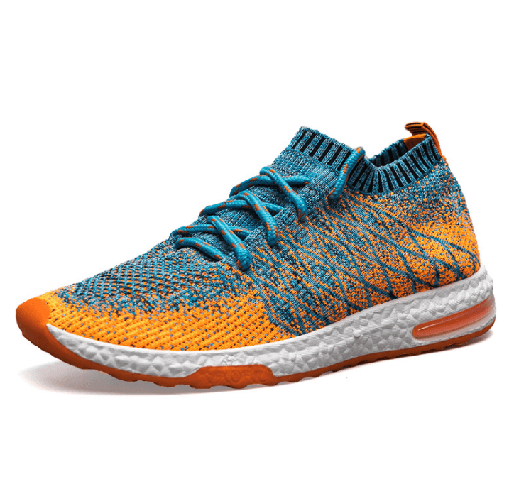 Orange-and-blue knit sneakers with white midsole and orange outsole accents