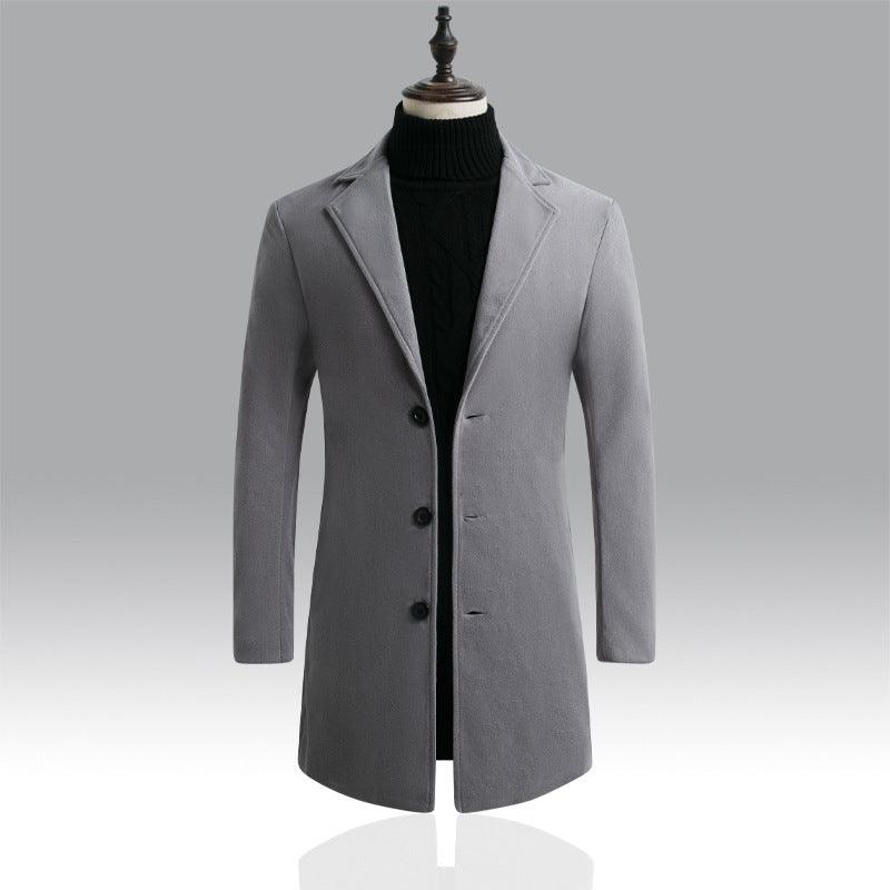 Men's long trench coat in light dark grey, notched lapels, button front.