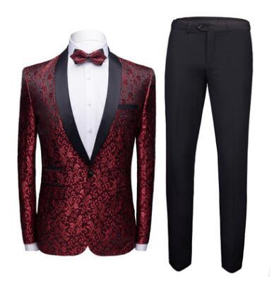 Men's claret patterned tuxedo jacket with black lapels, bow tie, and black trousers