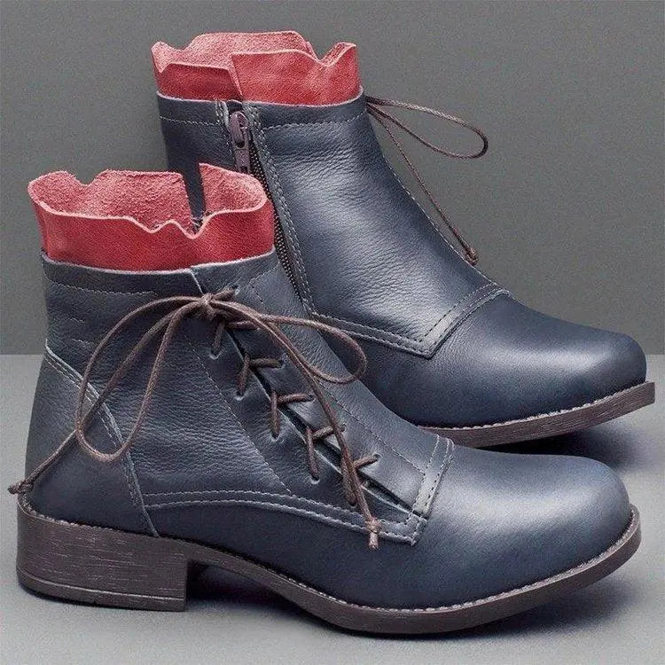 Lace-up low-heel ankle boots in navy blue with red accents, lace-up front